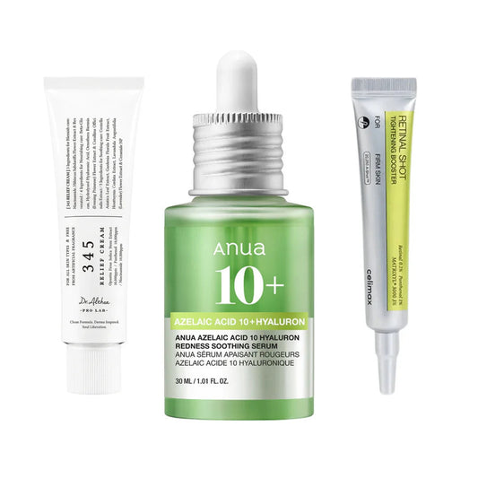 345 Relief Cream pakke med Dr. Althea 345 Relief Cream, Anua Azelaic Acid 10 Serum og Celimax Vita-A Retinal Shot