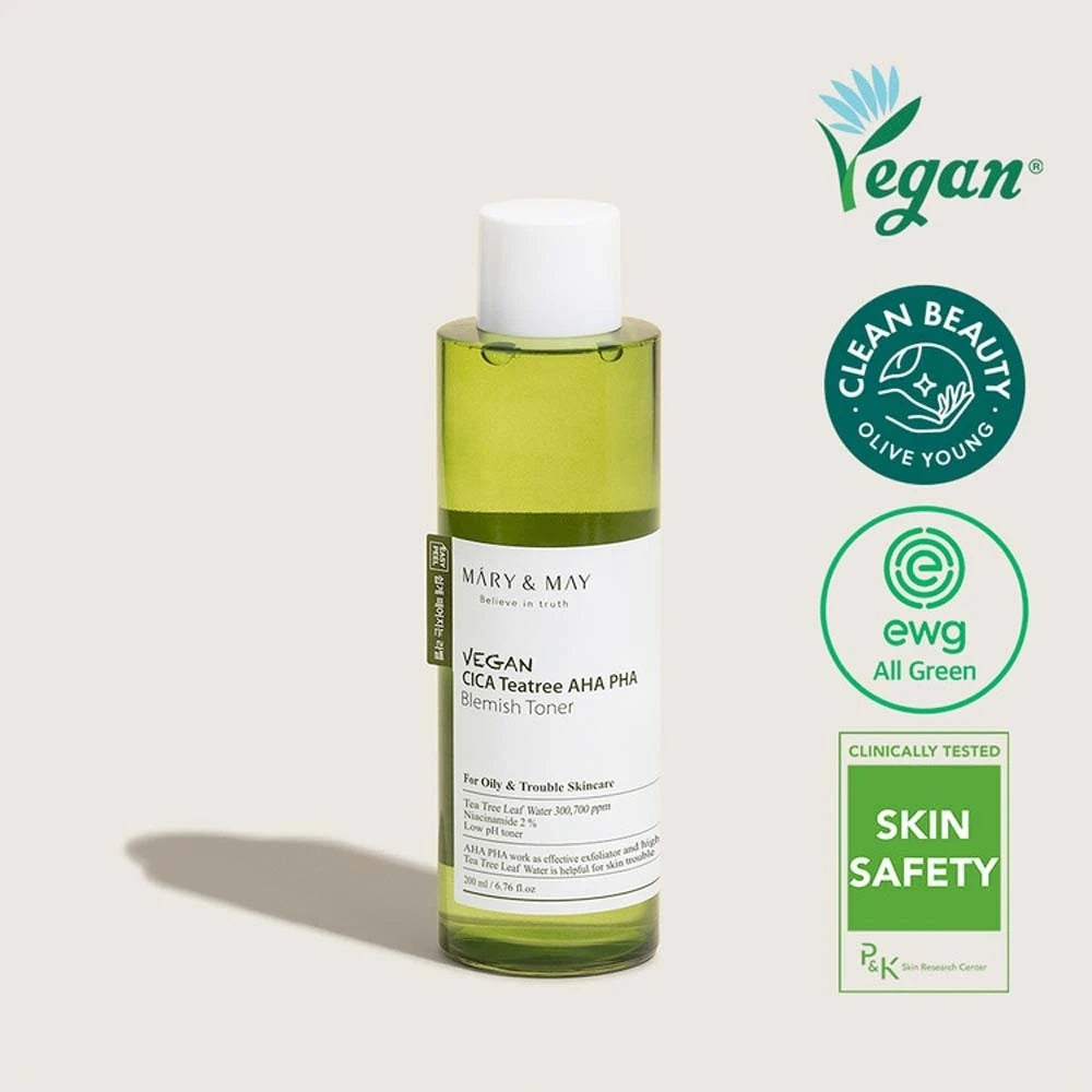 Mary & May Vegan Cica Teatree AHA PHA Blemish Toner, 200 ml