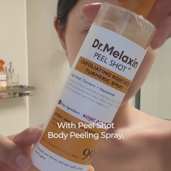 Bumpy Skin? Uneven Tone? Peel Shot Body Spray solves it. Spray it. Rub it. Wipe it. 99% Kojic Acid + Turmeric for smooth, glowing skin. #drmelaxin #peelshot #bodycare #peelingspray #GlowUp 