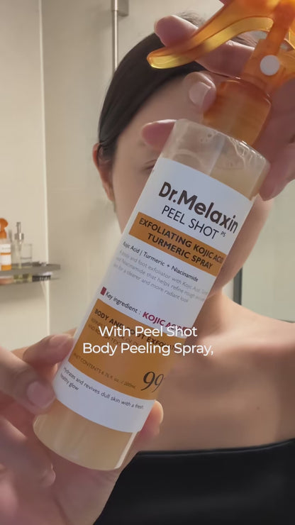 Bumpy Skin? Uneven Tone? Peel Shot Body Spray solves it. Spray it. Rub it. Wipe it. 99% Kojic Acid + Turmeric for smooth, glowing skin. #drmelaxin #peelshot #bodycare #peelingspray #GlowUp 